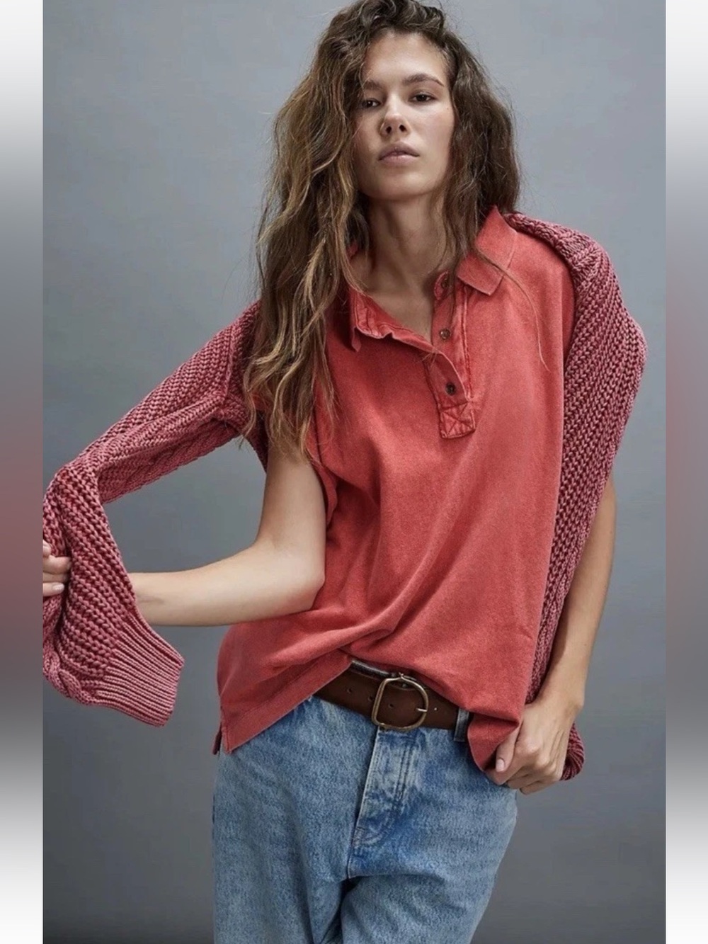 We The Free Women’s Keep On Polo Fiery Red Burnout Sz XL Oversized Bohemian Top